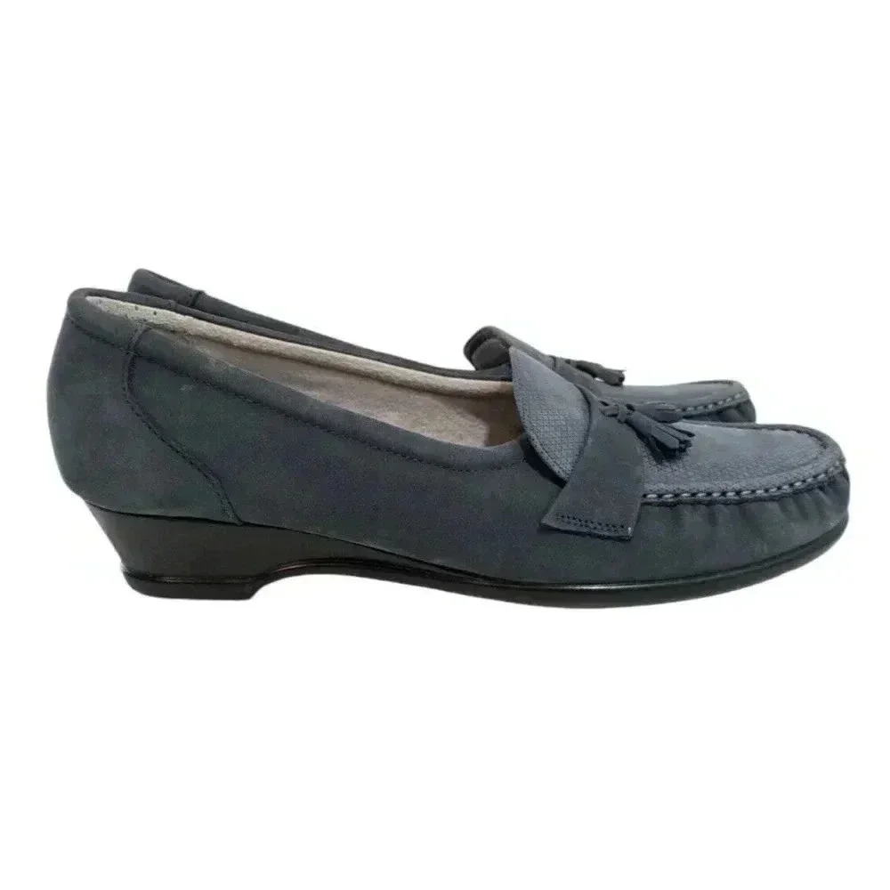 SAS Taylor Slip On Wedge Size 10N 10 Narrow Jeans Blue Suede Tassel Comfort